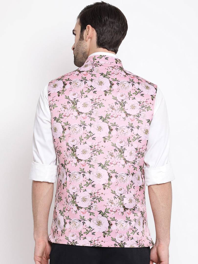 Men's Pink 
Silk Blend
 Printed Nehru Jackets